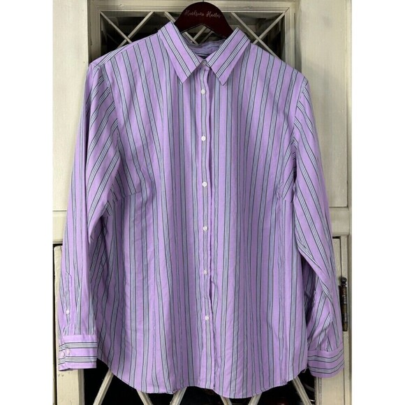 Chaps Womens Plus Size 1X Purple Green Striped Long Sleeve No Iron Button Up T4 - Picture 3 of 12